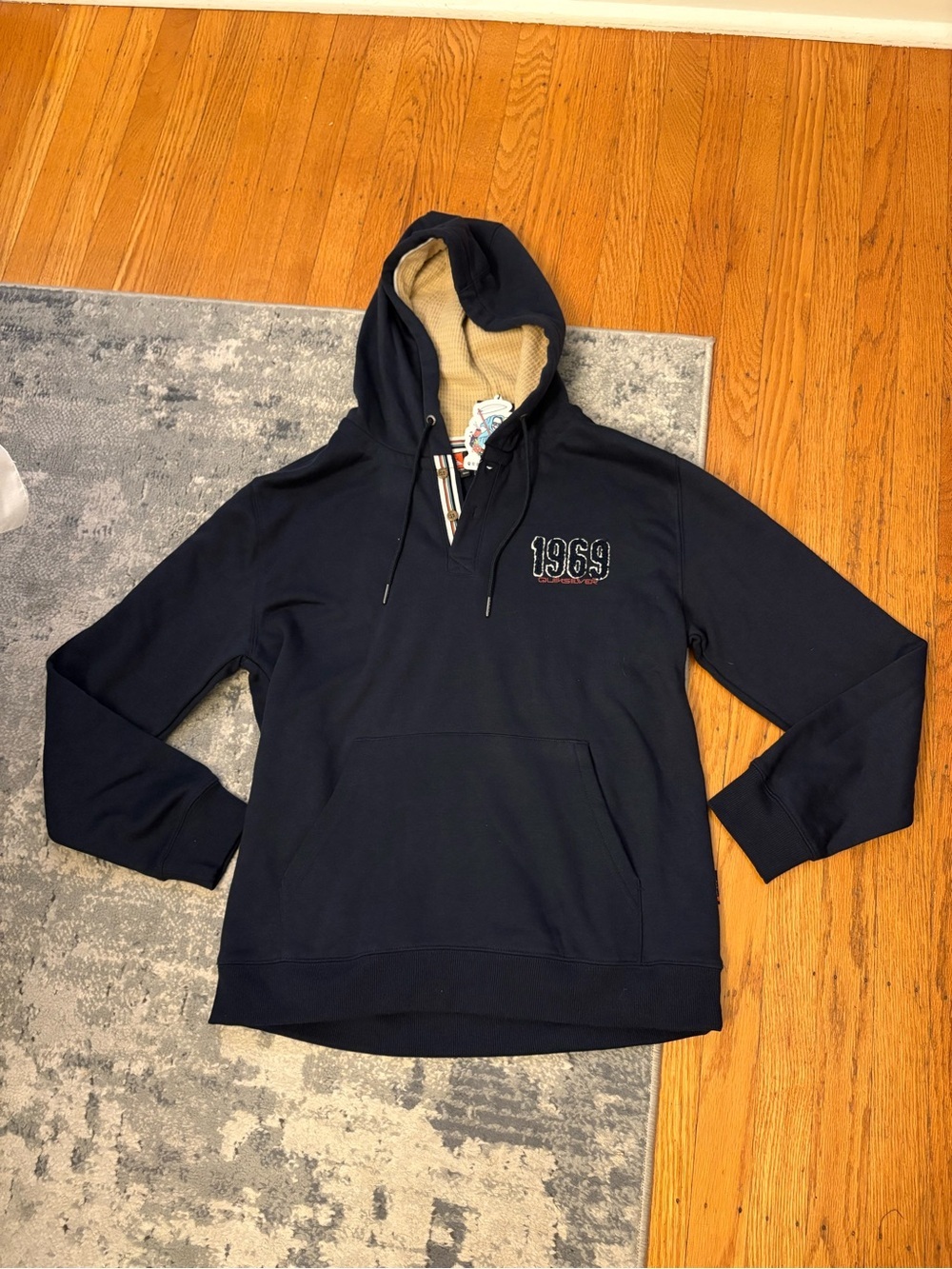 NWT! Quicksilver Men's Navy Hooded Pullover Sweatshirt - 1969 Detail, Medium